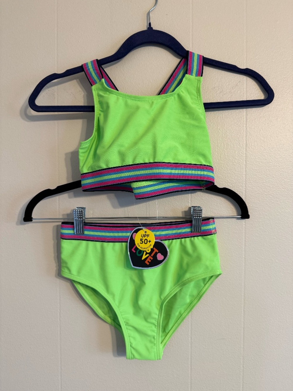 NWT Girl's 2-Piece "Just Love" Swimsuit, Size 14/16, Lime Green w/ Striped Trim